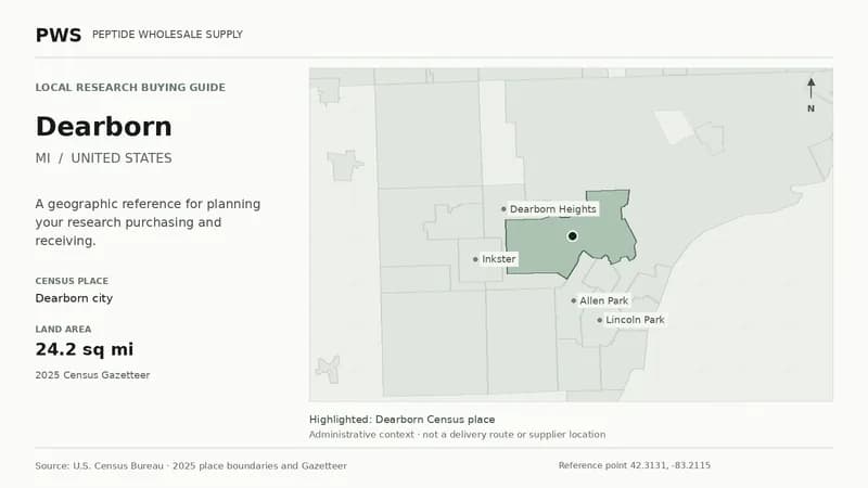 Map of the Dearborn city Census place boundary in MI, with nearby Census places for receiving-address planning.