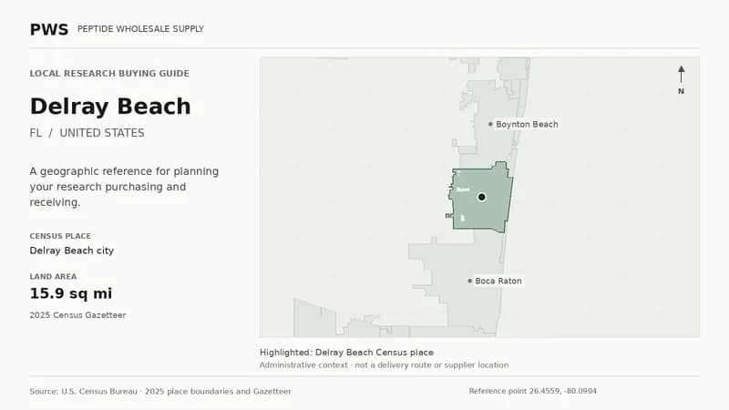 Map of the Delray Beach city Census place boundary in FL, with nearby Census places for receiving-address planning.