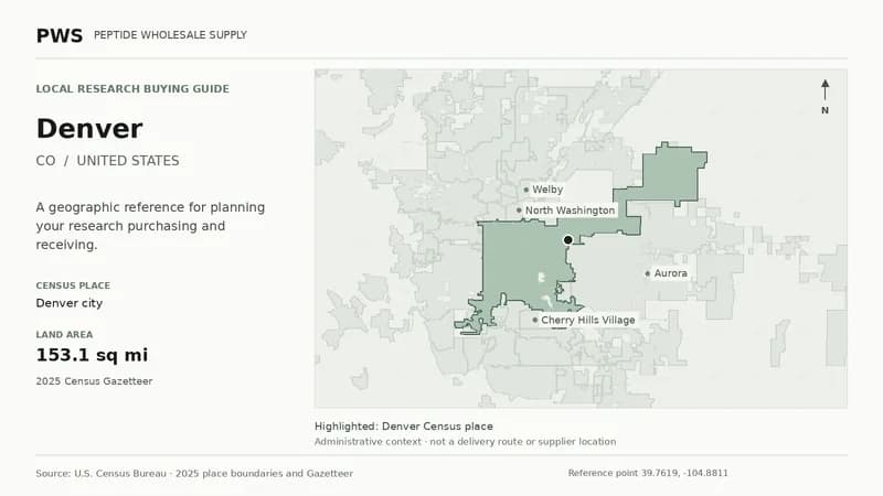 Map of the Denver city Census place boundary in CO, with nearby Census places for receiving-address planning.