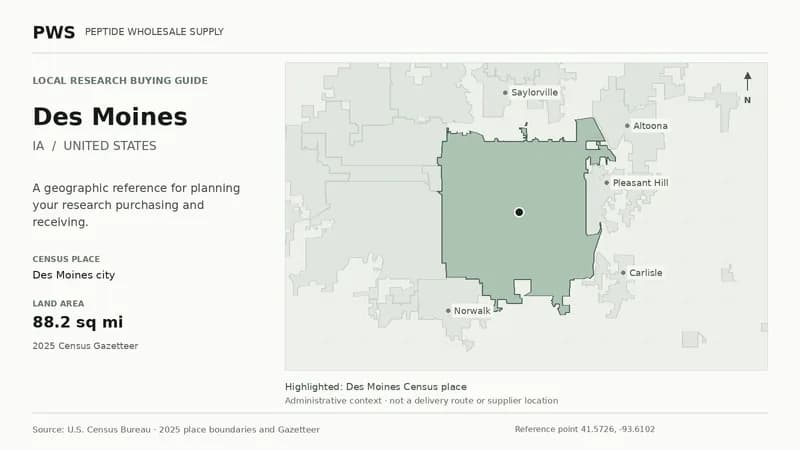 Map of the Des Moines city Census place boundary in IA, with nearby Census places for receiving-address planning.