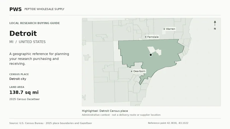 Map of the Detroit city Census place boundary in MI, with nearby Census places for receiving-address planning.