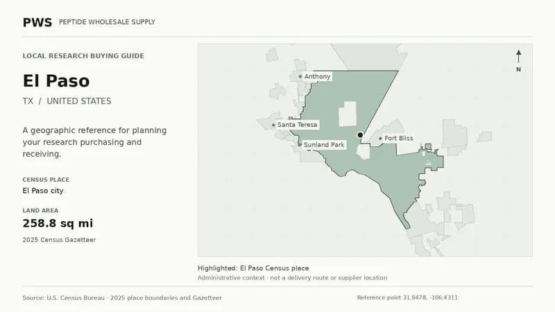 Map of the El Paso city Census place boundary in TX, with nearby Census places for receiving-address planning.