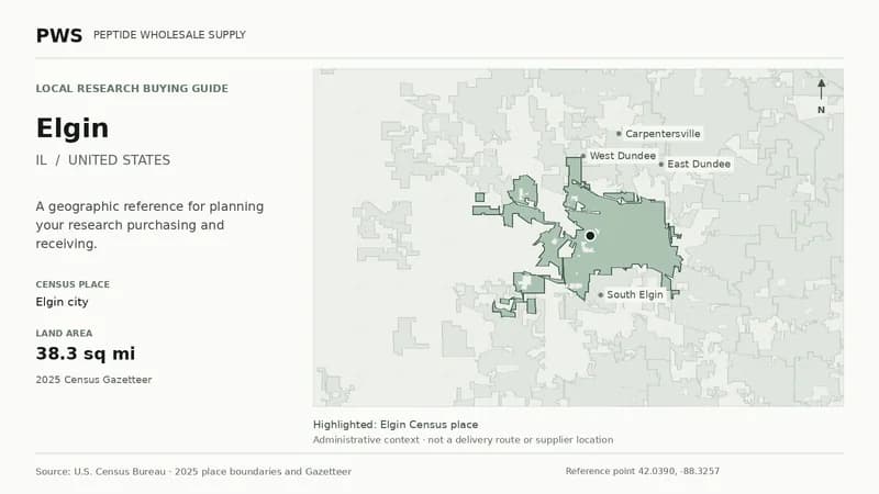 Map of the Elgin city Census place boundary in IL, with nearby Census places for receiving-address planning.