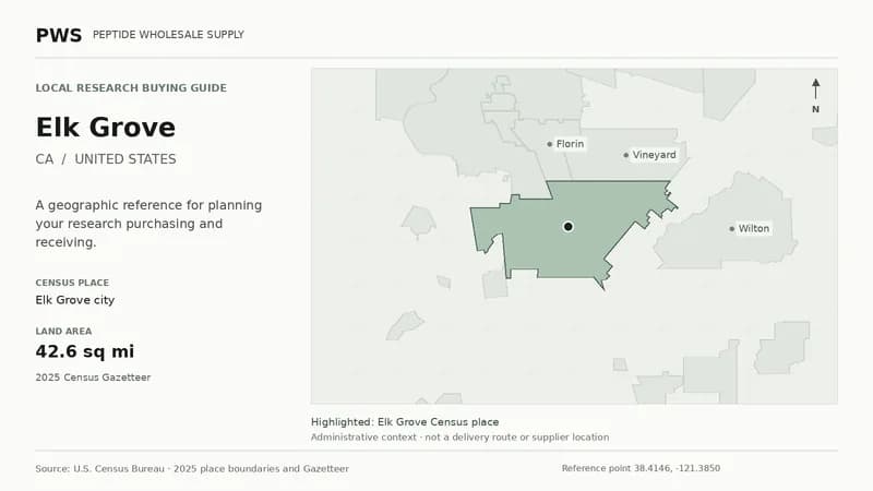 Map of the Elk Grove city Census place boundary in CA, with nearby Census places for receiving-address planning.