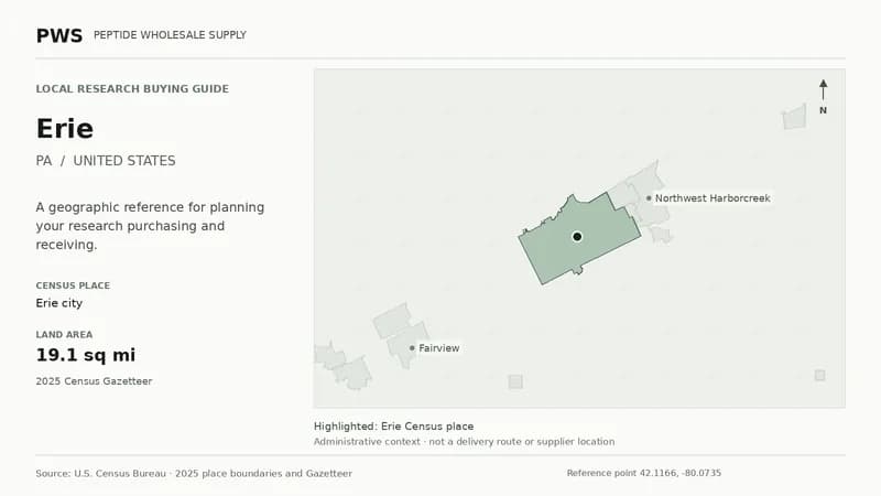 Map of the Erie city Census place boundary in PA, with nearby Census places for receiving-address planning.