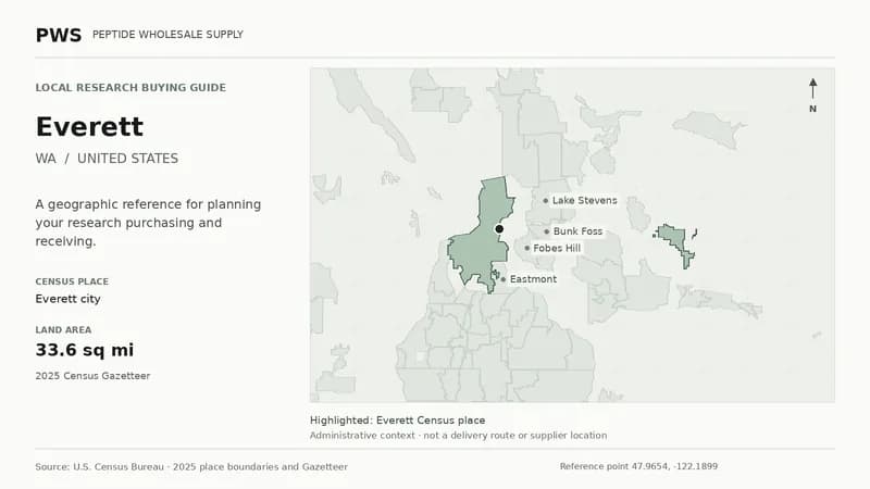 Map of the Everett city Census place boundary in WA, with nearby Census places for receiving-address planning.