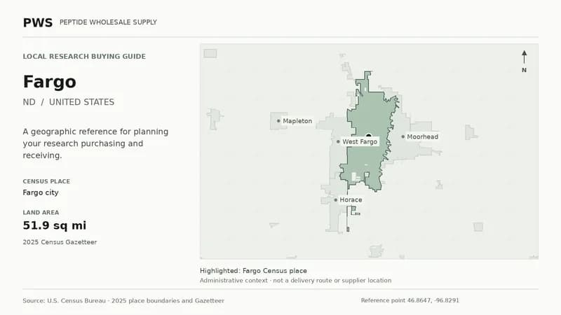 Map of the Fargo city Census place boundary in ND, with nearby Census places for receiving-address planning.