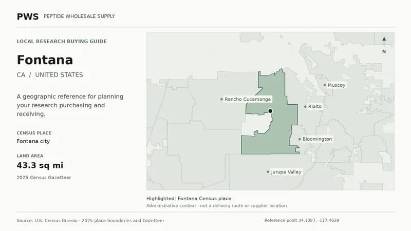 Map of the Fontana city Census place boundary in CA, with nearby Census places for receiving-address planning.
