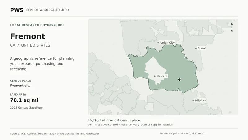 Map of the Fremont city Census place boundary in CA, with nearby Census places for receiving-address planning.