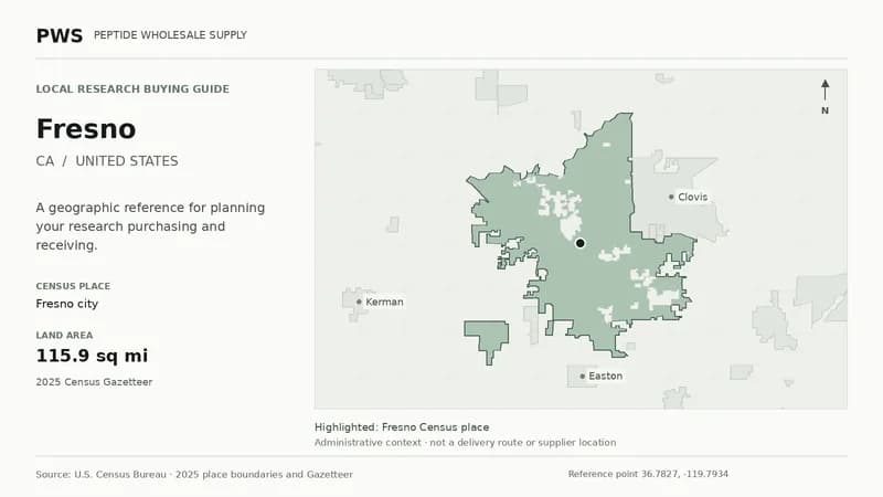Map of the Fresno city Census place boundary in CA, with nearby Census places for receiving-address planning.