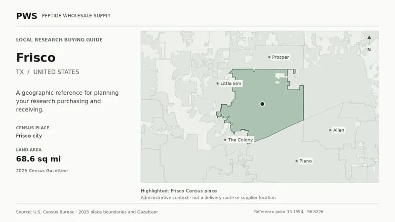 Map of the Frisco city Census place boundary in TX, with nearby Census places for receiving-address planning.