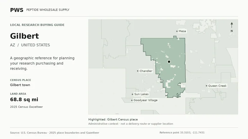 Map of the Gilbert town Census place boundary in AZ, with nearby Census places for receiving-address planning.