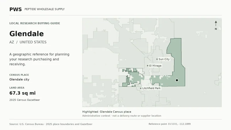 Map of the Glendale city Census place boundary in AZ, with nearby Census places for receiving-address planning.