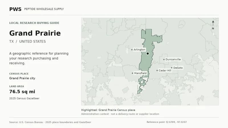 Map of the Grand Prairie city Census place boundary in TX, with nearby Census places for receiving-address planning.