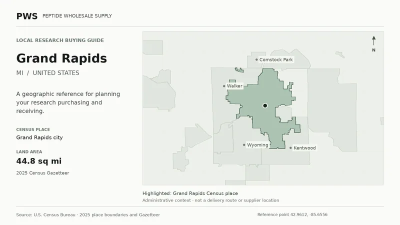 Map of the Grand Rapids city Census place boundary in MI, with nearby Census places for receiving-address planning.