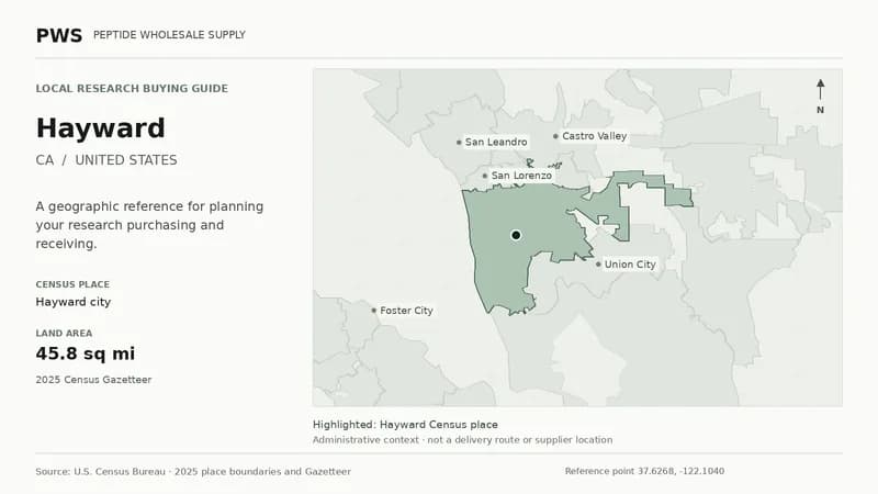 Map of the Hayward city Census place boundary in CA, with nearby Census places for receiving-address planning.