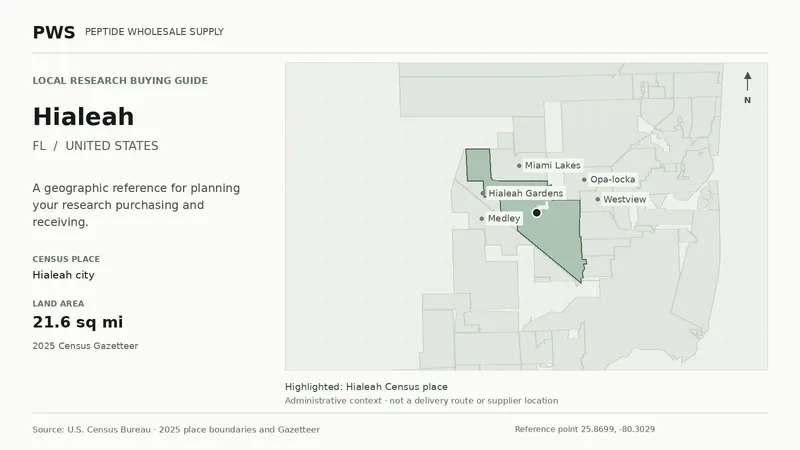 Map of the Hialeah city Census place boundary in FL, with nearby Census places for receiving-address planning.