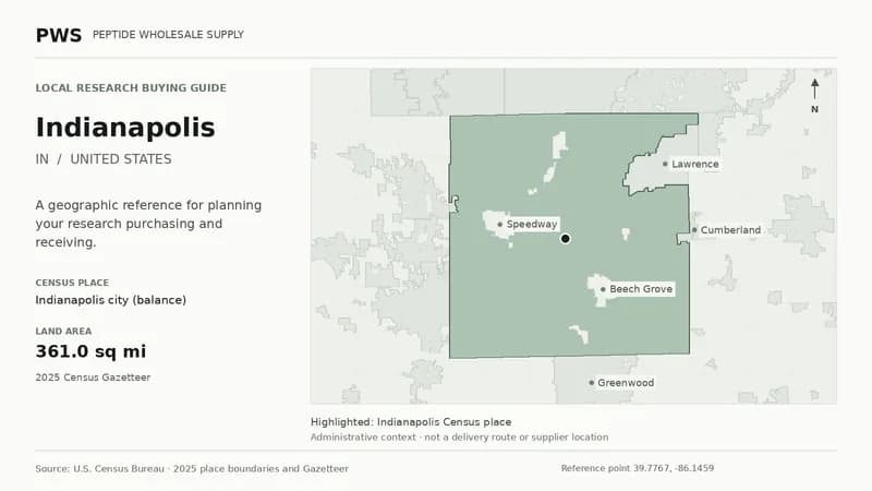 Map of the Indianapolis city (balance) Census place boundary in IN, with nearby Census places for receiving-address planning.