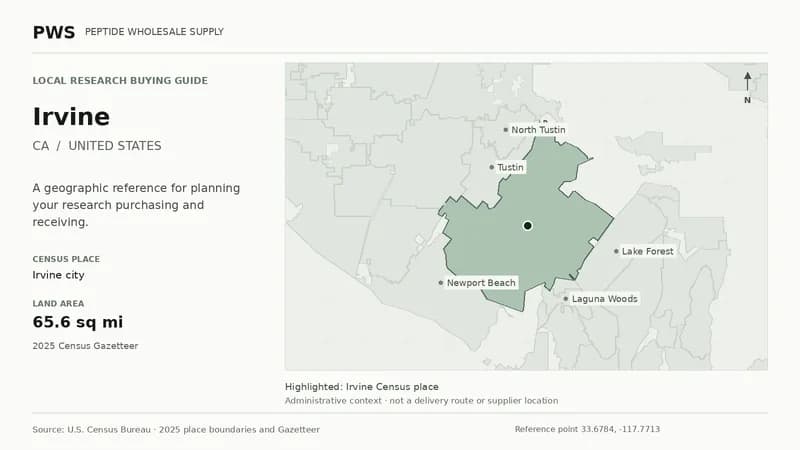 Map of the Irvine city Census place boundary in CA, with nearby Census places for receiving-address planning.