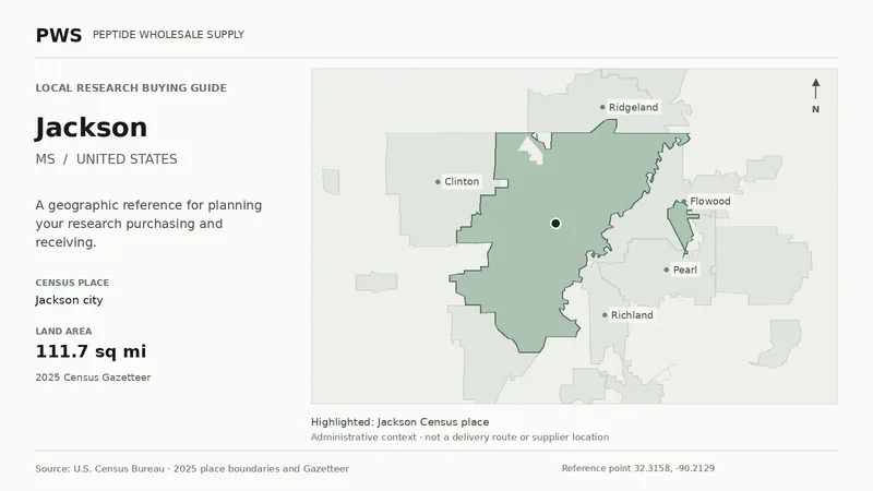 Map of the Jackson city Census place boundary in MS, with nearby Census places for receiving-address planning.