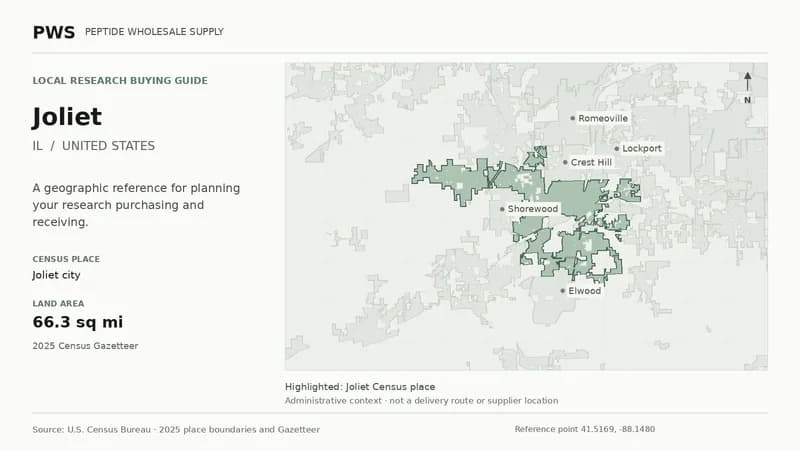 Map of the Joliet city Census place boundary in IL, with nearby Census places for receiving-address planning.
