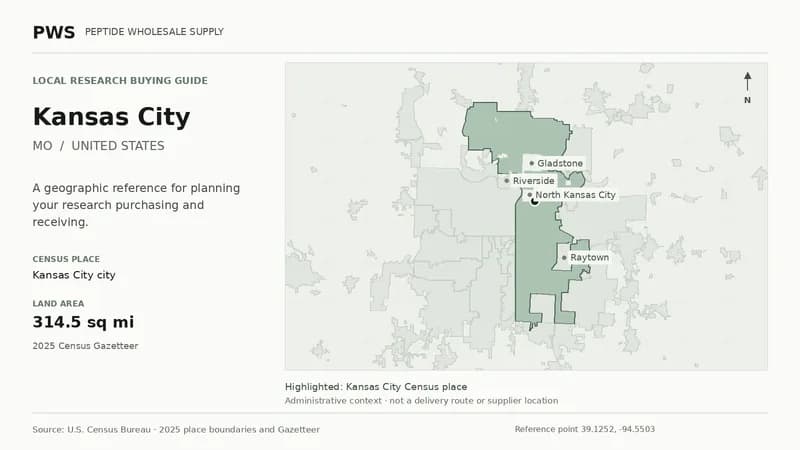 Map of the Kansas City city Census place boundary in MO, with nearby Census places for receiving-address planning.