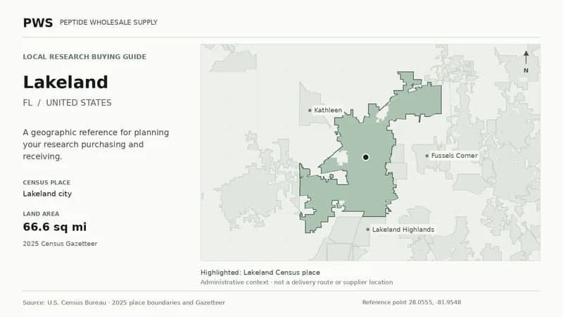 Map of the Lakeland city Census place boundary in FL, with nearby Census places for receiving-address planning.