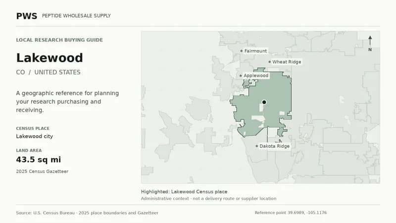 Map of the Lakewood city Census place boundary in CO, with nearby Census places for receiving-address planning.
