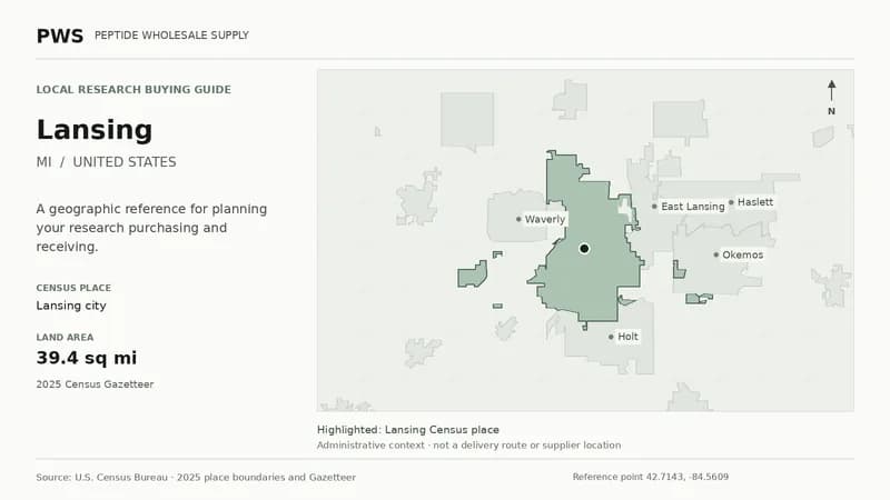 Map of the Lansing city Census place boundary in MI, with nearby Census places for receiving-address planning.