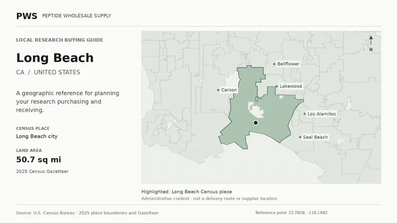 Map of the Long Beach city Census place boundary in CA, with nearby Census places for receiving-address planning.