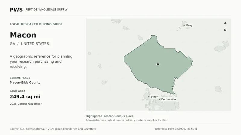 Map of the Macon-Bibb County Census place boundary in GA, with nearby Census places for receiving-address planning.