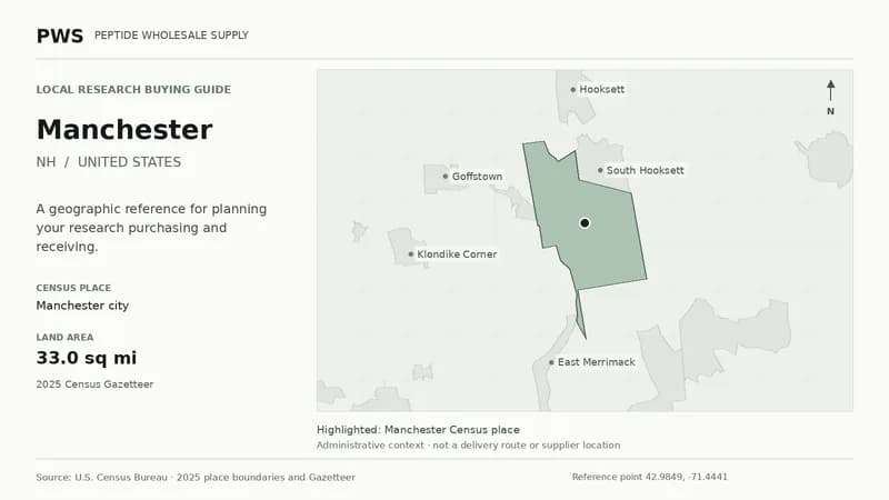 Map of the Manchester city Census place boundary in NH, with nearby Census places for receiving-address planning.