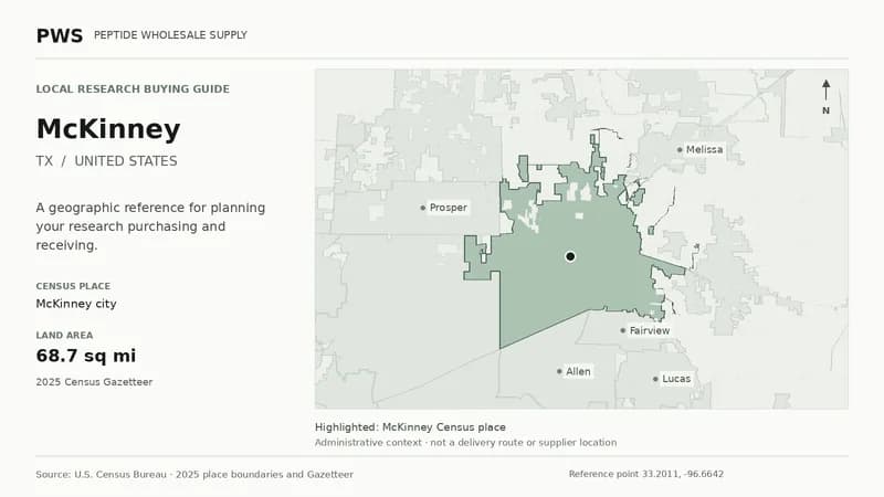 Map of the McKinney city Census place boundary in TX, with nearby Census places for receiving-address planning.