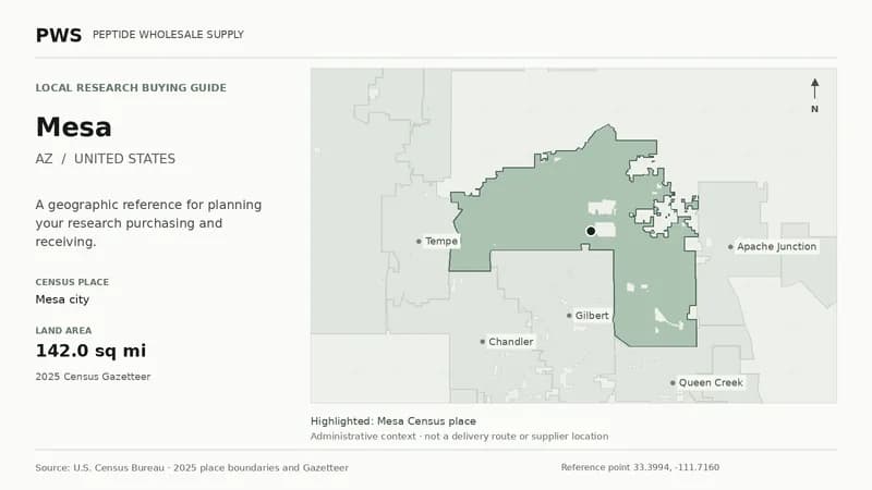 Map of the Mesa city Census place boundary in AZ, with nearby Census places for receiving-address planning.