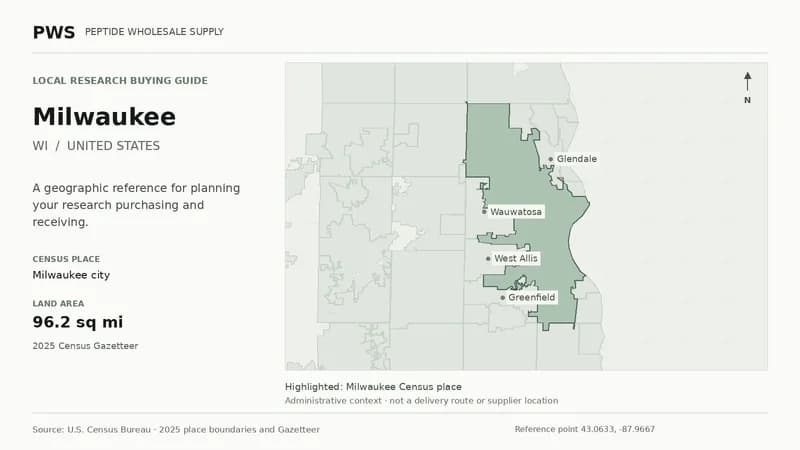 Map of the Milwaukee city Census place boundary in WI, with nearby Census places for receiving-address planning.