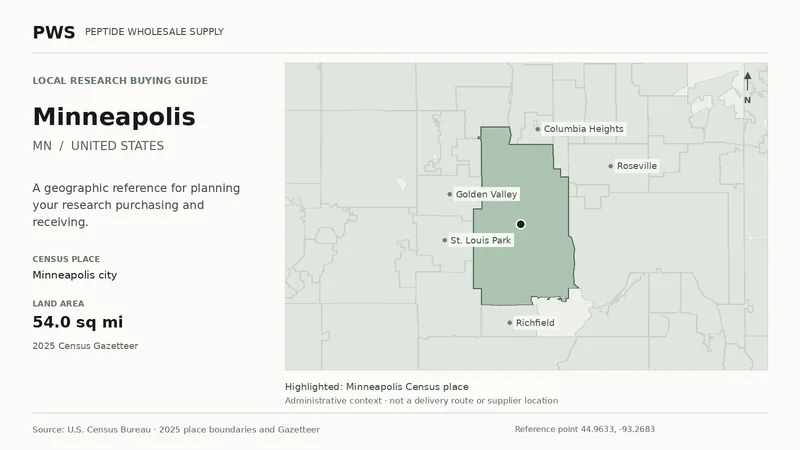 Map of the Minneapolis city Census place boundary in MN, with nearby Census places for receiving-address planning.