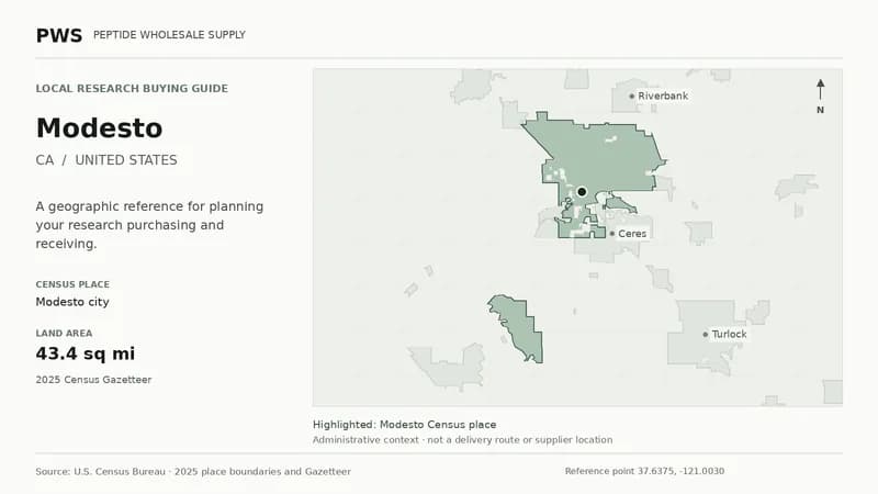 Map of the Modesto city Census place boundary in CA, with nearby Census places for receiving-address planning.