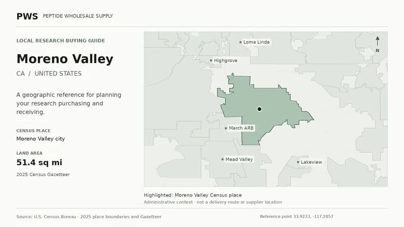 Map of the Moreno Valley city Census place boundary in CA, with nearby Census places for receiving-address planning.