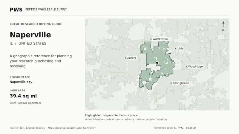 Map of the Naperville city Census place boundary in IL, with nearby Census places for receiving-address planning.