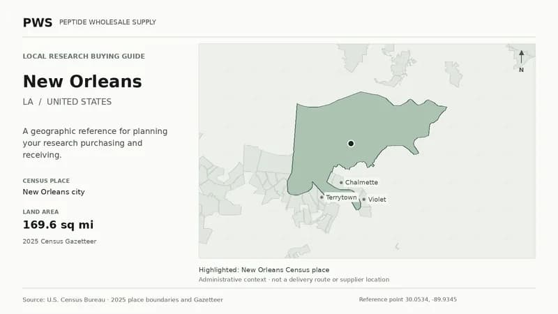 Map of the New Orleans city Census place boundary in LA, with nearby Census places for receiving-address planning.