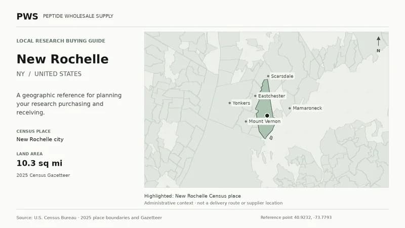 Map of the New Rochelle city Census place boundary in NY, with nearby Census places for receiving-address planning.