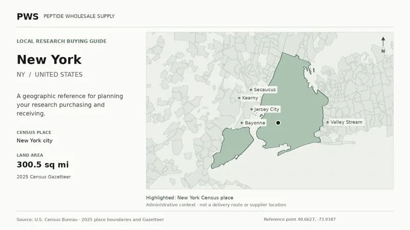 Map of the New York city Census place boundary in NY, with nearby Census places for receiving-address planning.