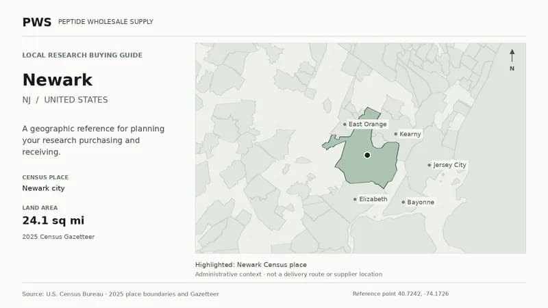 Map of the Newark city Census place boundary in NJ, with nearby Census places for receiving-address planning.