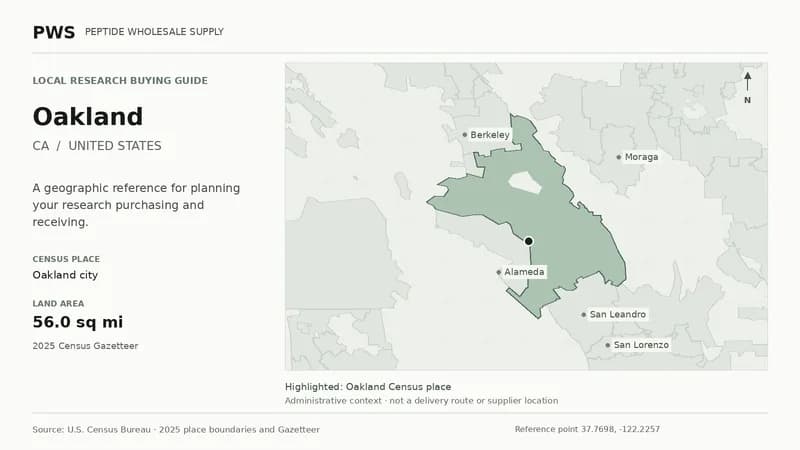 Map of the Oakland city Census place boundary in CA, with nearby Census places for receiving-address planning.