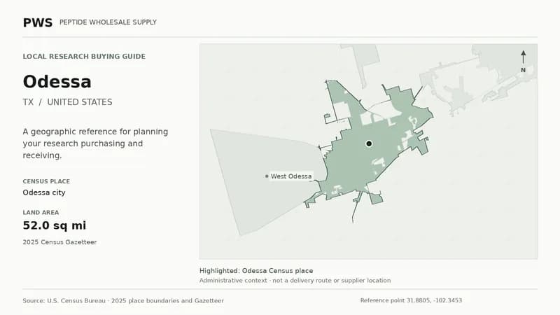 Map of the Odessa city Census place boundary in TX, with nearby Census places for receiving-address planning.