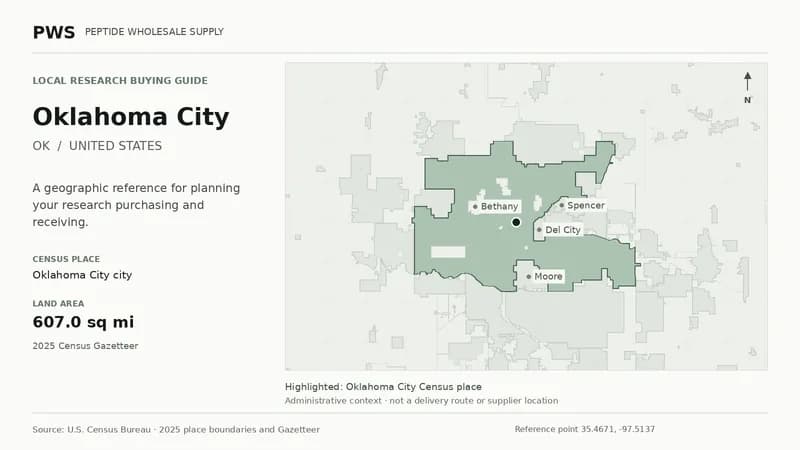 Map of the Oklahoma City city Census place boundary in OK, with nearby Census places for receiving-address planning.