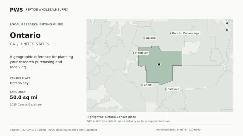 Map of the Ontario city Census place boundary in CA, with nearby Census places for receiving-address planning.