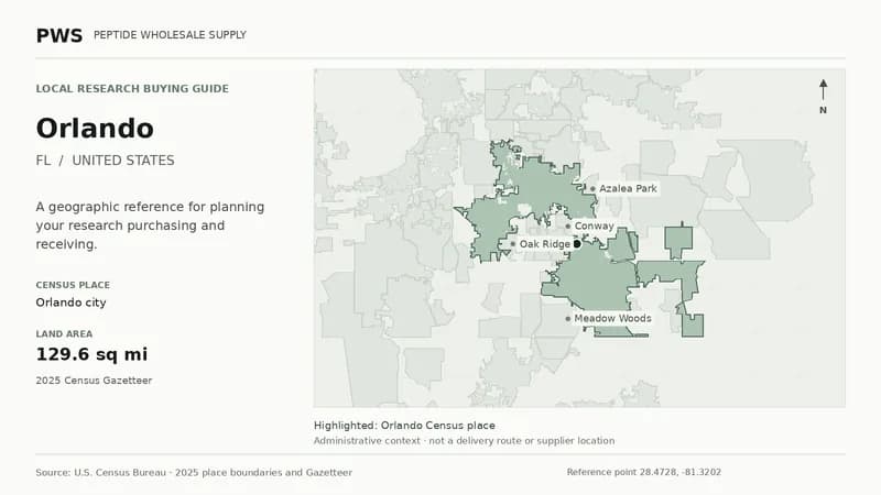 Map of the Orlando city Census place boundary in FL, with nearby Census places for receiving-address planning.