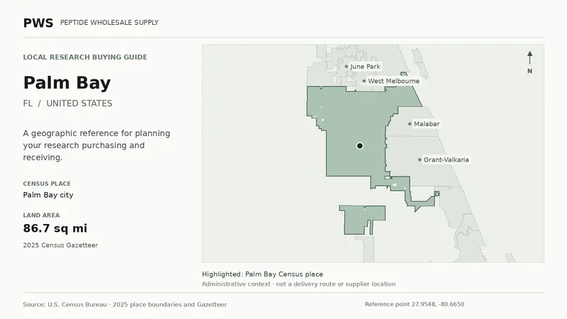 Map of the Palm Bay city Census place boundary in FL, with nearby Census places for receiving-address planning.