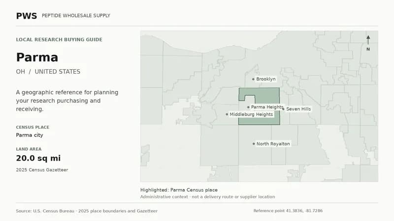 Map of the Parma city Census place boundary in OH, with nearby Census places for receiving-address planning.